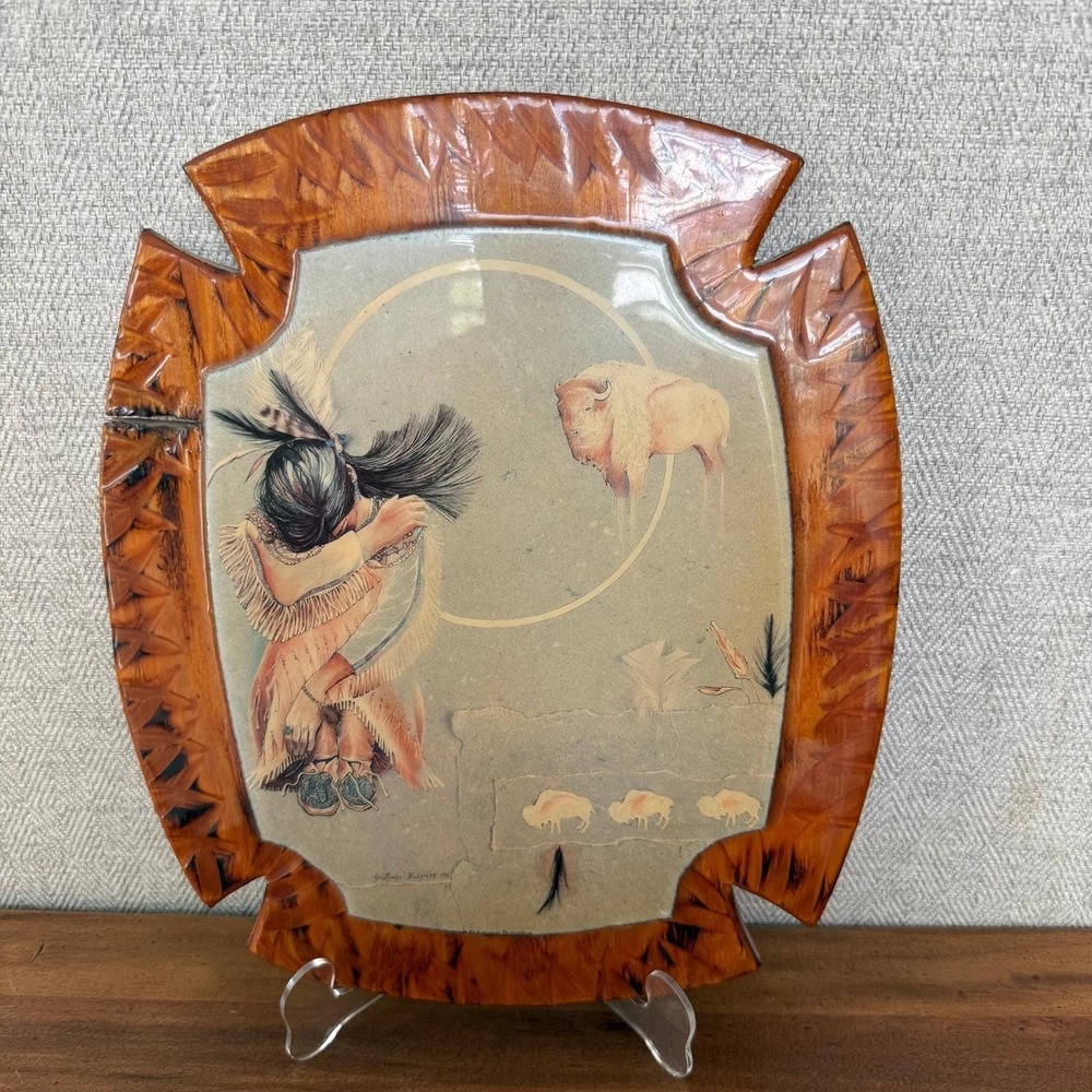 Southwestern Native American Buffalo Art Wood Wall Plaque Signed 1995